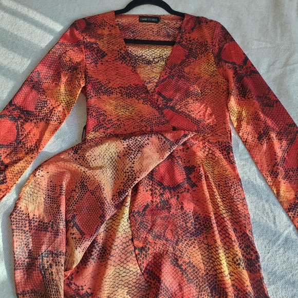 Snake Skin Print Long Sleeve V-Neck Semi Wrap Skirt Long Dress - Picture 6 of 17